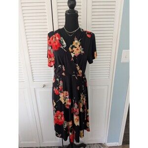 Gilli Dress Womens L Black Coral Floral Vneck Stretch Vacation Comfy Career New